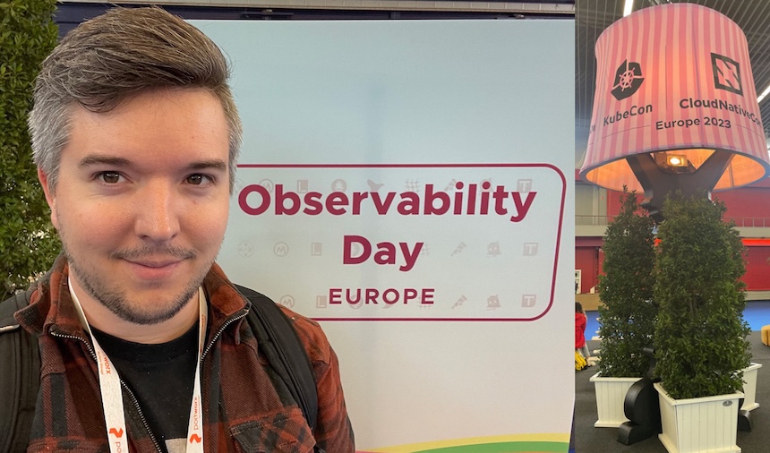 Eine Person lächelt vor einem Schild mit der Aufschrift “Observability Day Europe”. Im Hintergrund ist ein großer rosa-weiß gestreifter Lampenschirm zu sehen, auf dem “KubeCon CloudNativeCon Europe 2023” steht.