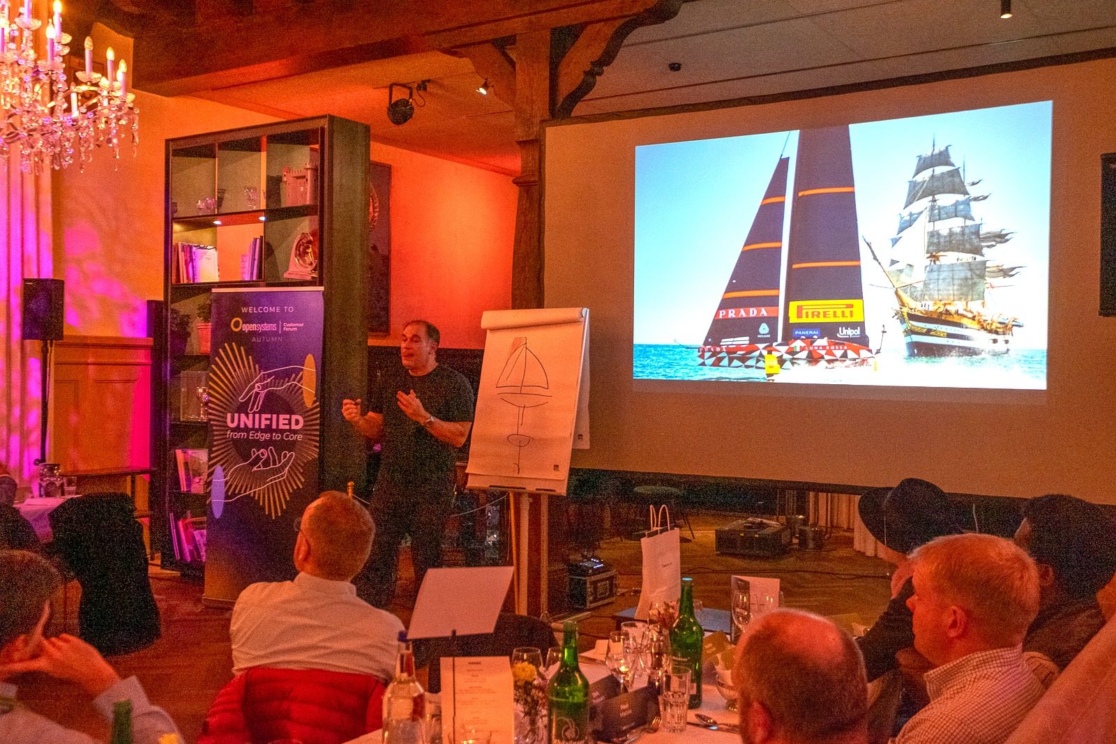 Ein Mann hält einen Vortrag vor einem sitzenden Publikum in einem warm beleuchteten Raum. Auf einem großen Bildschirm sind Bilder eines modernen Rennsegelboots und eines alten Segelschiffs zu sehen. Ein Flipchart mit einer Segelbootskizze steht daneben.