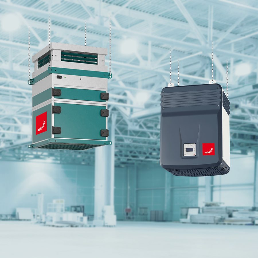 A Zehnder clean air solutions unit suspended in an industrial hall