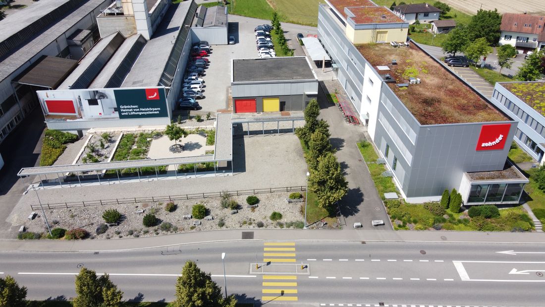 Aerial view of Zehnder's headquarters and production site in Gränichen, Switzerland