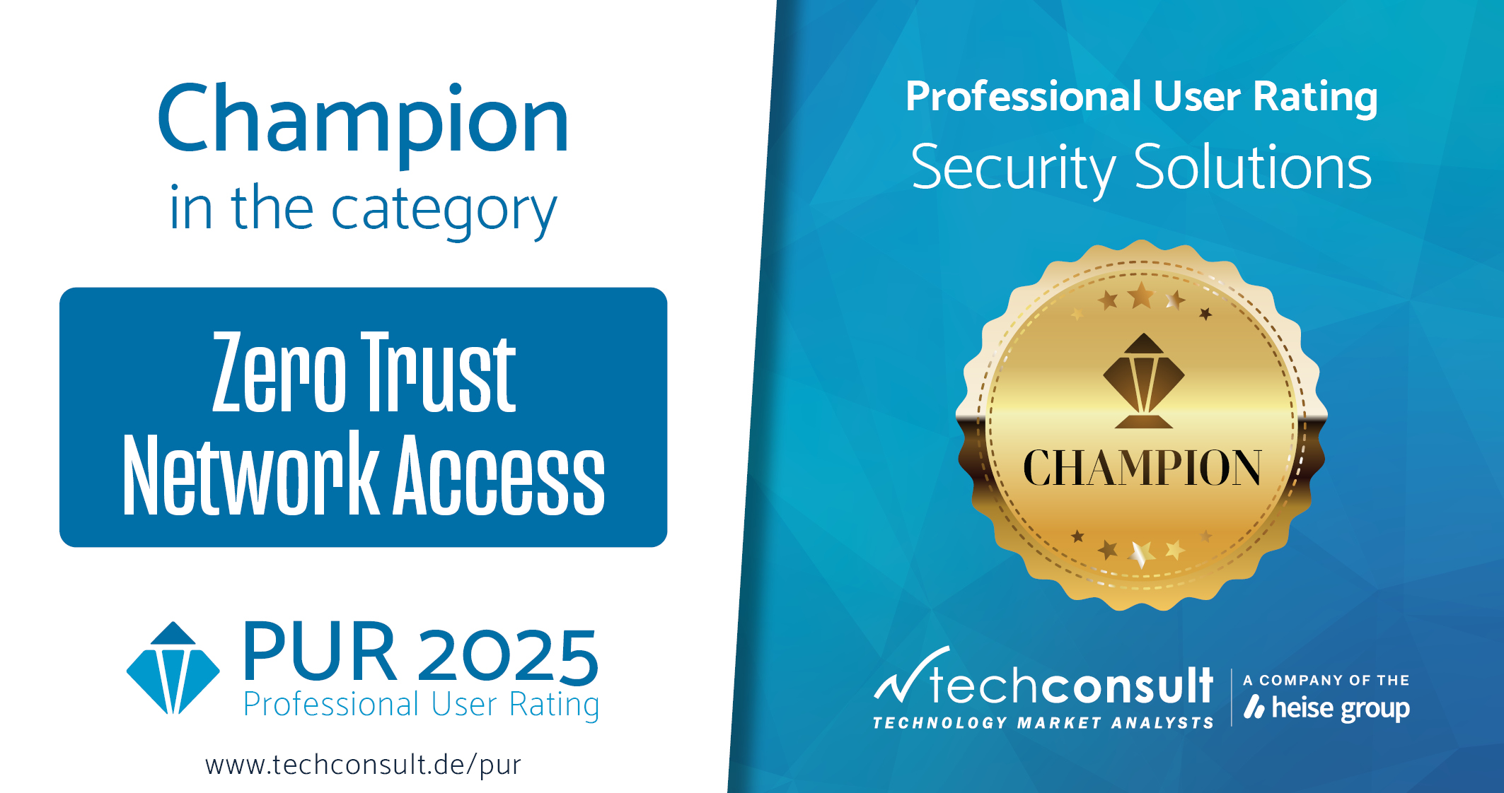 Graphique de récompense pour « Champion dans la catégorie Accès réseau Zero Trust » par techconsult, filiale du groupe heise, pour les solutions de sécurité PUR 2025 Professional User Rating. Comporte un badge doré sur un fond géométrique bleu.