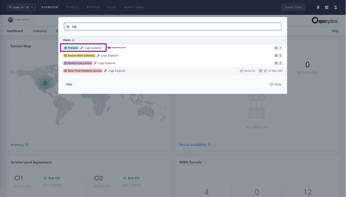 A search bar displays results for "log," listing different explorer options: Firewall, Secure Web Gateway, Mobile Device, and Zero Trust Network Access. The "Logs Explorer" option is highlighted by a purple arrow.