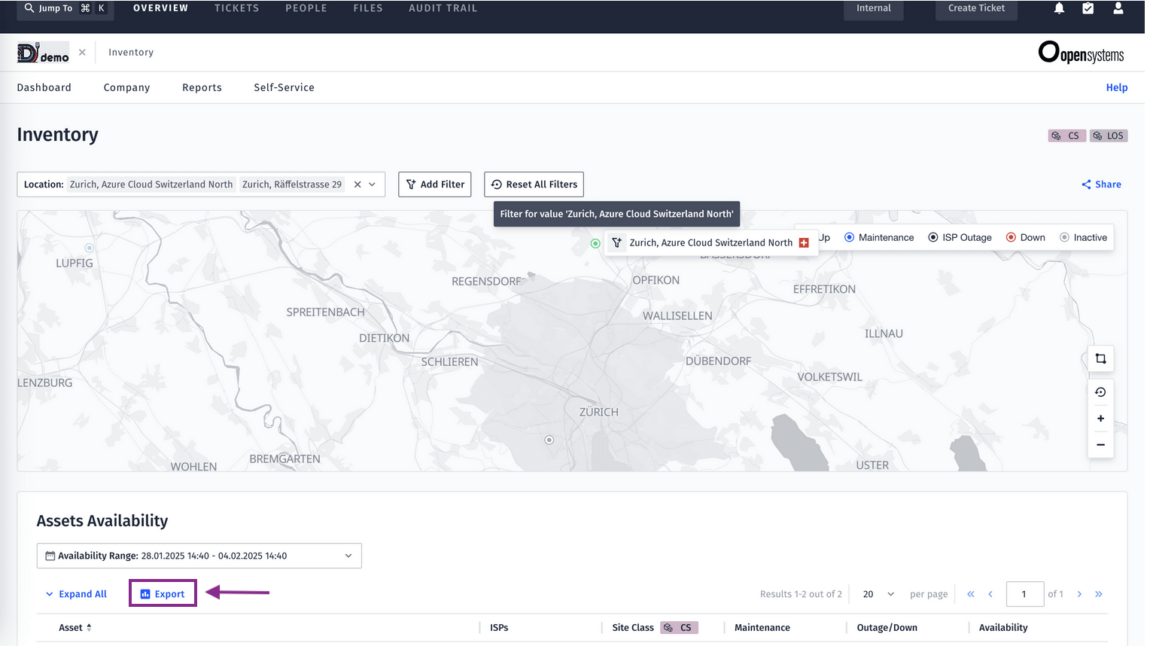 A web application dashboard shows an asset inventory map centered on Zurich, Switzerland, with a table below. "Expand All" and "Export" buttons are highlighted in blue and purple near the lower left of the table.
