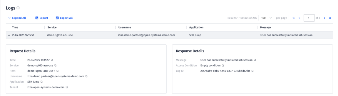 Screenshot of a log details page showing export options, pagination, and detailed information about an SSH jump session. The user was successfully validated and a session was started. Request and response details are provided.