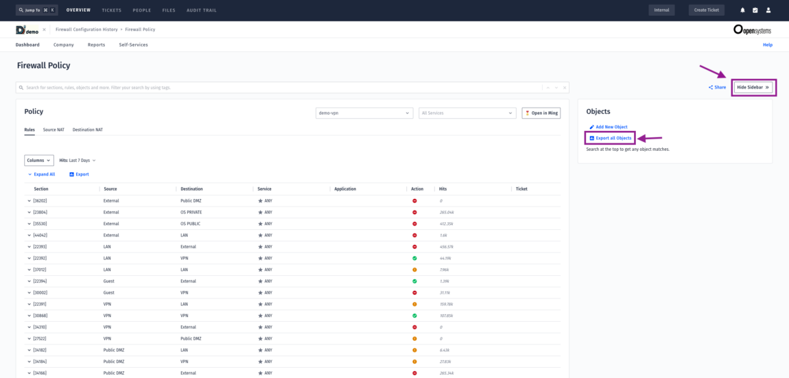 A firewall policy dashboard displays firewall rules in a table with columns for source, destination, service, application, and action. The right sidebar shows “Objects” with an option to add objects. Purple arrows highlight the sidebar.