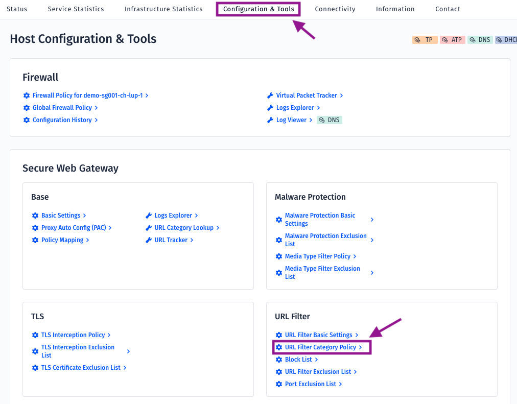 A dashboard page for "Host Configuration & Tools" with sections for Firewall, Secure Web Gateway, TLS, and URL Filter. Purple arrows highlight "Configuration & Tools" in the top menu and "URL Filter Category Policy" under URL Filter.