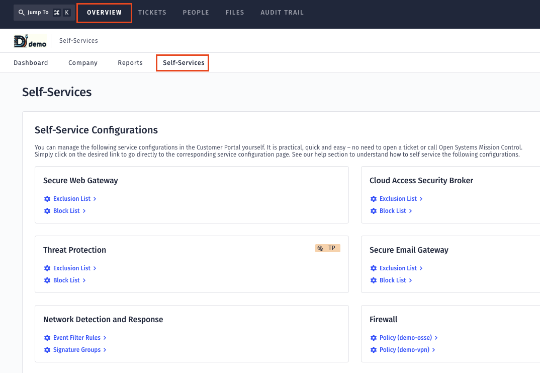 A web page titled "Self-Services" displays configuration options such as Secure Web Gateway, Cloud Access Security Broker, Threat Protection, Secure Email Gateway, Network Detection and Response, and Firewall.