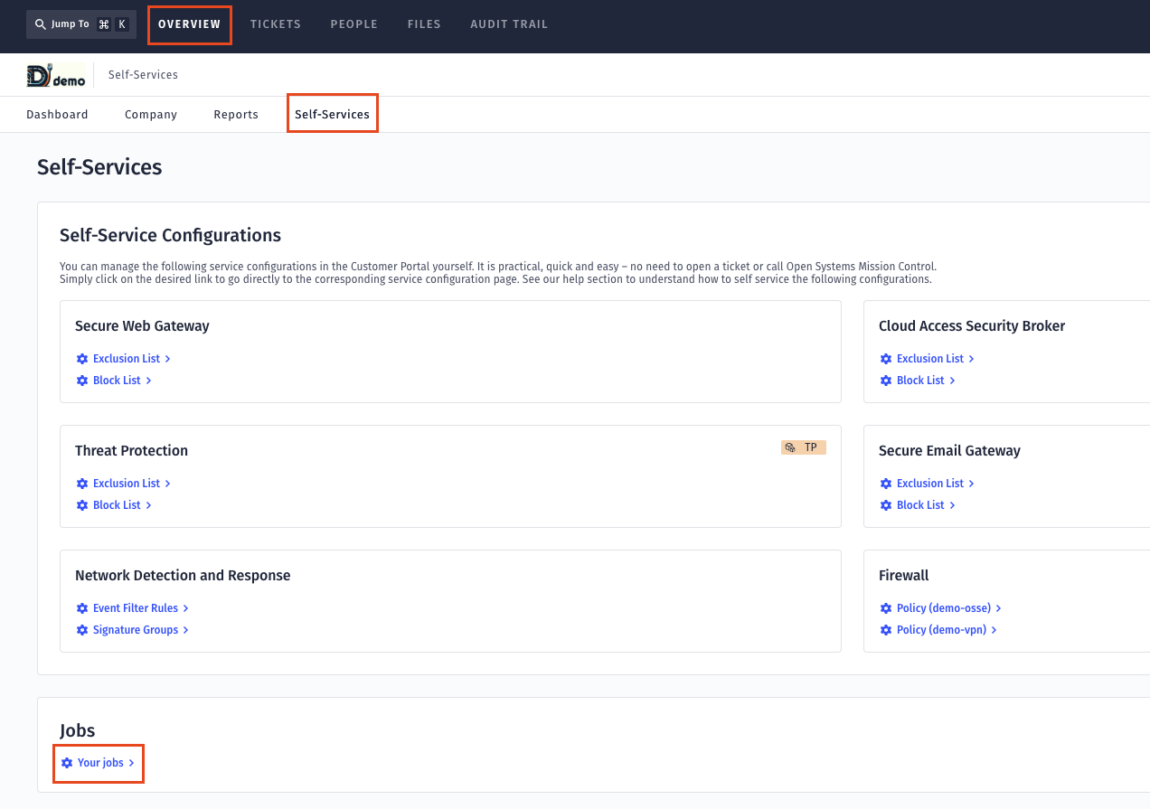 A dashboard showing the "Self-Services" tab selected. Boxes list services like Secure Web Gateway, Threat Protection, Network Detection and Response, Cloud Access Security Broker, Secure Email Gateway, and Firewall. "Your jobs" is highlighted at the bottom.