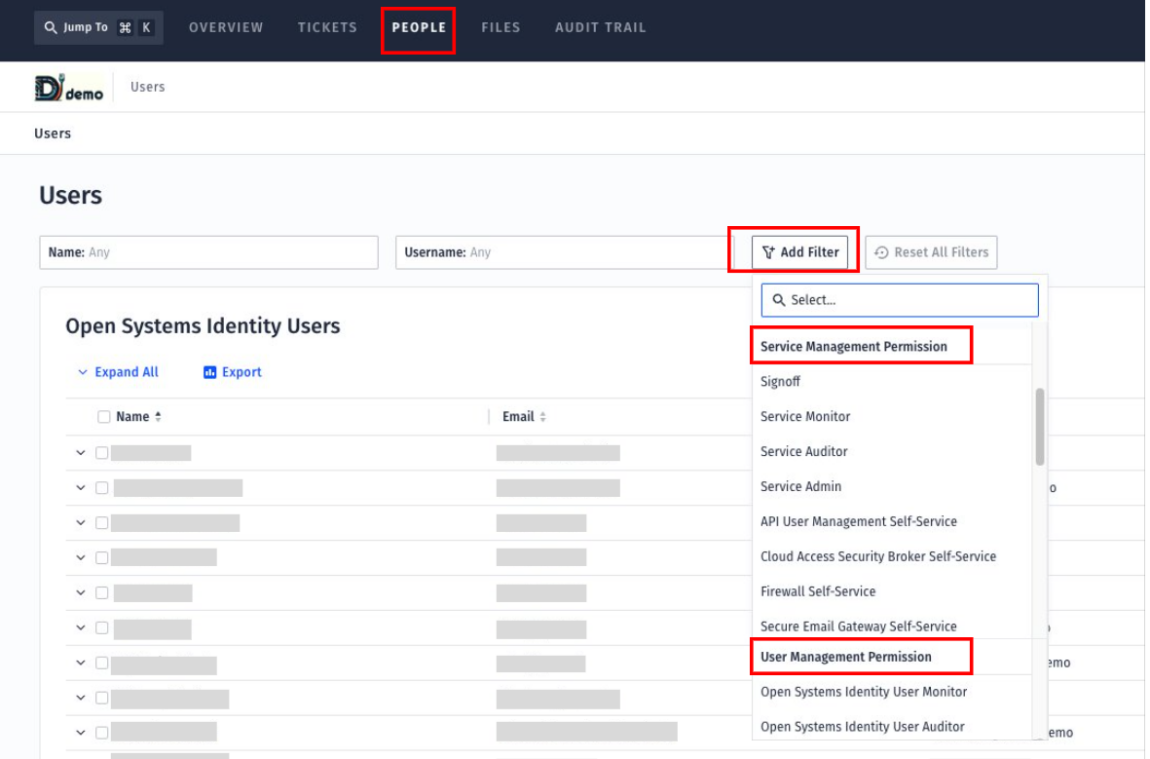A software dashboard displays the "Users" page under the "People" tab, featuring an "Add Filter" dropdown with user permission options like "Service Management Permission," as highlighted in the June release notes.
