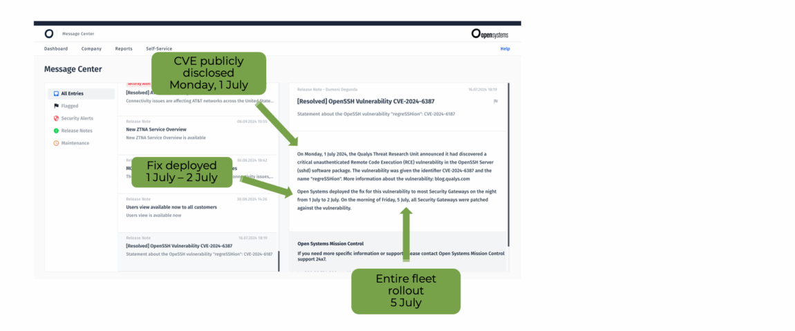 Ein Dashboard-Screenshot zeigt die wichtigsten Daten: CVE wurde am Montag, dem 1. Juli, veröffentlicht; die Korrektur wurde vom 1. bis 2. Juli bereitgestellt; und die gesamte Flotte wurde am 5. Juli eingeführt, wobei grüne Pfeile auf die entsprechenden Abschnitte verweisen.