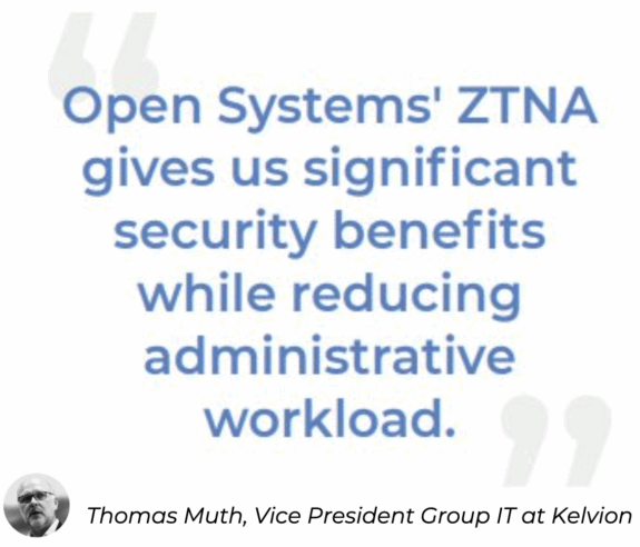 Text quote in blue: "Open Systems' ZTNA gives us significant security benefits while reducing administrative workload." Attribution below to Thomas Muth, Vice President Group IT at Kelvion, with his profile photo.