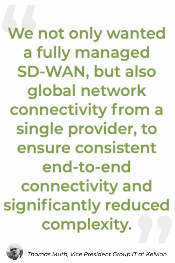 Large green text quote about wanting fully managed SD-WAN and global network connectivity for consistency and reduced complexity. Below is a small photo of a man and the name Thomas Muth, Vice President Group IT at Kelvion.