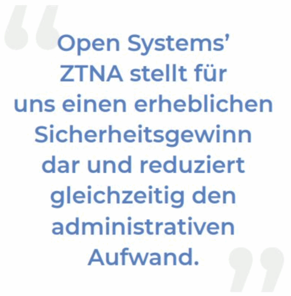 Blauer Text in deutscher Sprache auf weißem Hintergrund lautet: "Für Kelvion stellt Open Systems' ZTNA einen erheblichen Sicherheitsgewinn dar und reduziert gleichzeitig den administrativen Aufwand.
