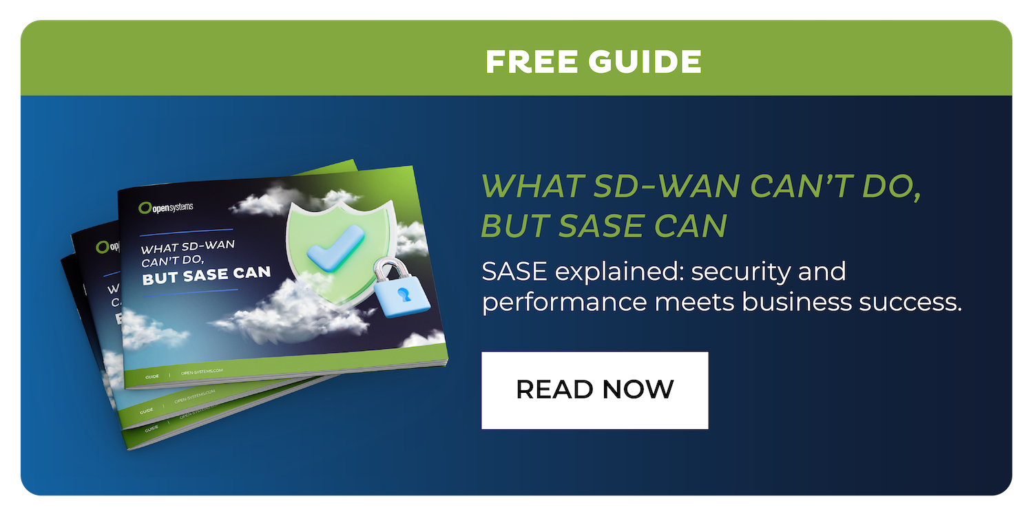 A digital ad for a free guide shows booklets with the title "WHAT SD-WAN CAN'T DO, BUT SASE CAN." Text explains SASE, highlighting security and performance, with a "READ NOW" button. A green shield and cloud icons are visible.