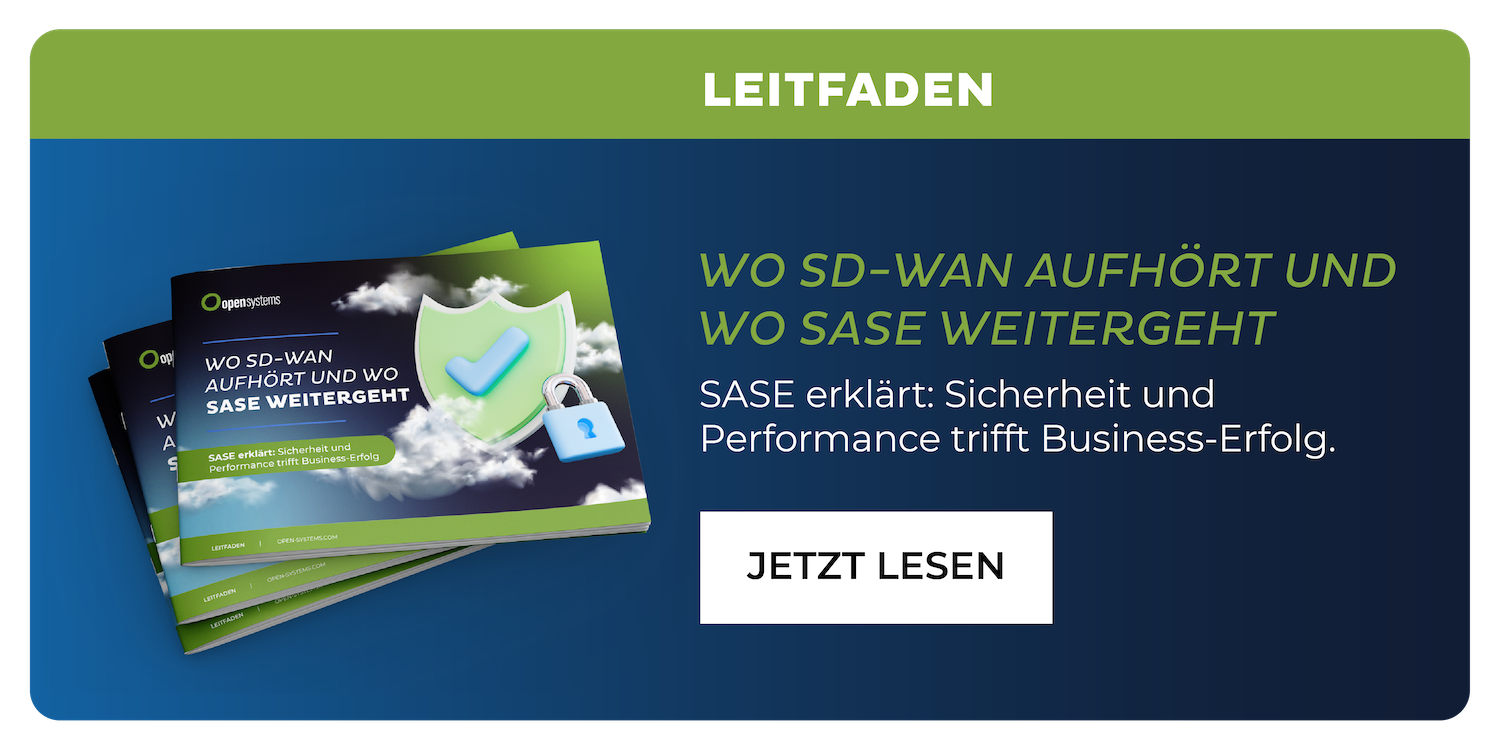 Eine deutschsprachige digitale Anzeige für einen Leitfaden über SD-WAN und SASE. Sie zeigt Broschüren mit einer Wolken- und Schildgrafik und enthält eine Schaltfläche mit der Aufschrift "JETZT LESEN" auf blauem Hintergrund.