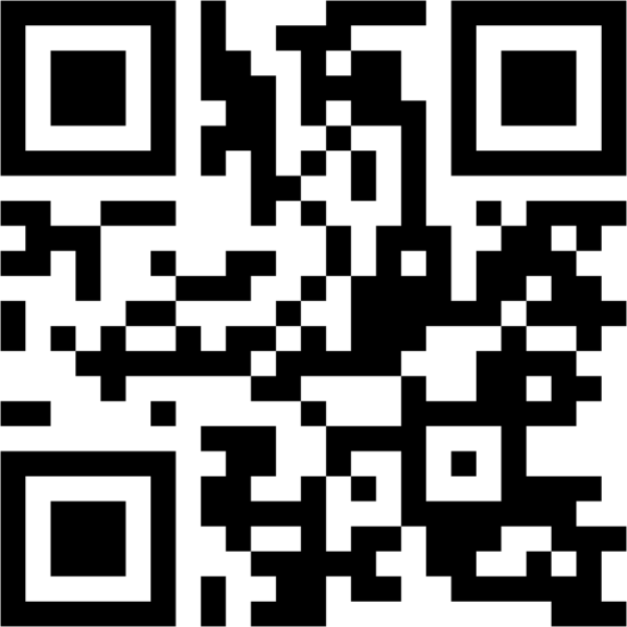 Ein schwarzer und weißer QR-Code mit einem quadratischen Muster auf weißem Hintergrund.