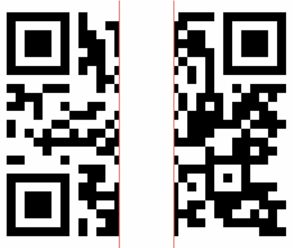 Zwei schwarze und weiße QR-Codes werden nebeneinander angezeigt, getrennt durch eine dünne vertikale rote Linie auf weißem Hintergrund. Die Codes haben eine quadratische Form mit unterschiedlichen Mustern.