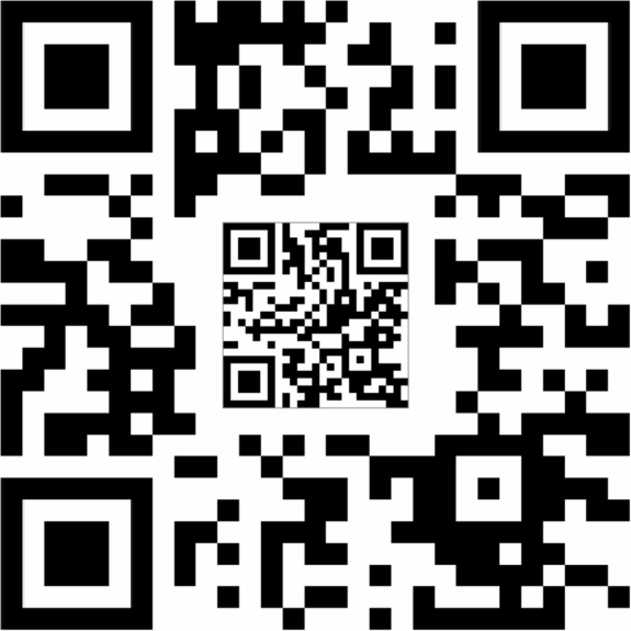 Ein schwarzer und weißer QR-Code auf weißem Hintergrund. Der Code enthält ein Muster aus kleinen und großen Quadraten und wird zum Scannen mit einem Smartphone oder QR-Reader verwendet. Der Inhalt des QR-Codes ist nicht sichtbar.