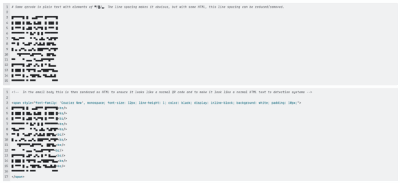 Ein Screenshot zeigt zwei Codeschnipsel: Der obere zeigt Code mit zusätzlichem Zeilenabstand, der untere zeigt Code, der mit HTML und CSS als reiner Text gestylt wurde, mit Kommentaren, die die Unterschiede bei der Darstellung erklären.
