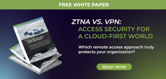 Stack of brochures titled "ZTNA vs. VPN: Access Security for a Cloud-First World" on a dark background, with text highlighting the key differences in ZTNA vs VPN and offering a free white paper plus a green "Read Now" button.