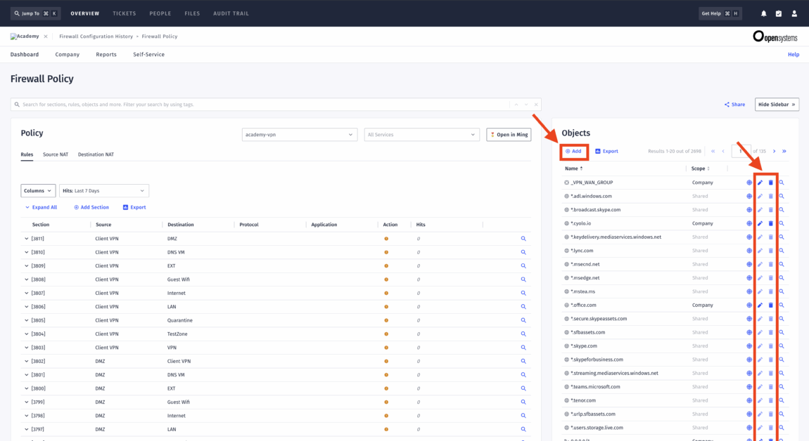 A firewall policy management dashboard shows a list of policies, with the "Objects" panel open on the right. Red boxes and arrows—referenced in the June release notes—highlight where to expand and edit objects in the user interface.