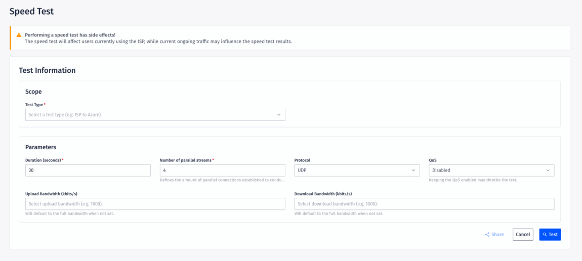 A web interface for a speed test, updated in the June release notes, displays a warning about possible side effects, dropdowns for test type and protocol, fields for parameters like duration and bandwidth, and a "Test" button at the bottom right.