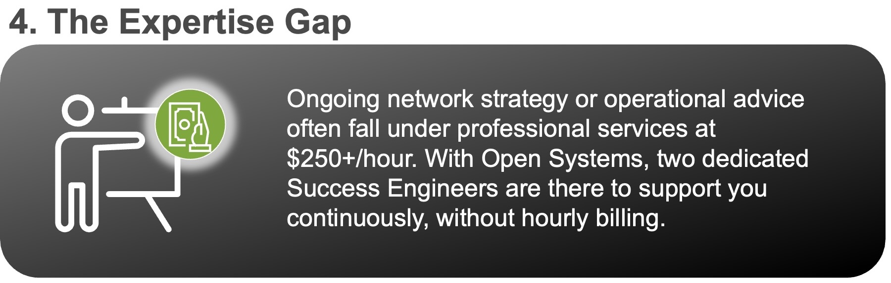 A graphic showing a person pointing at a whiteboard with a dollar sign, alongside text highlighting how Open Systems provides ongoing network strategy or operational advice without hourly billing, as featured in the February release notes.