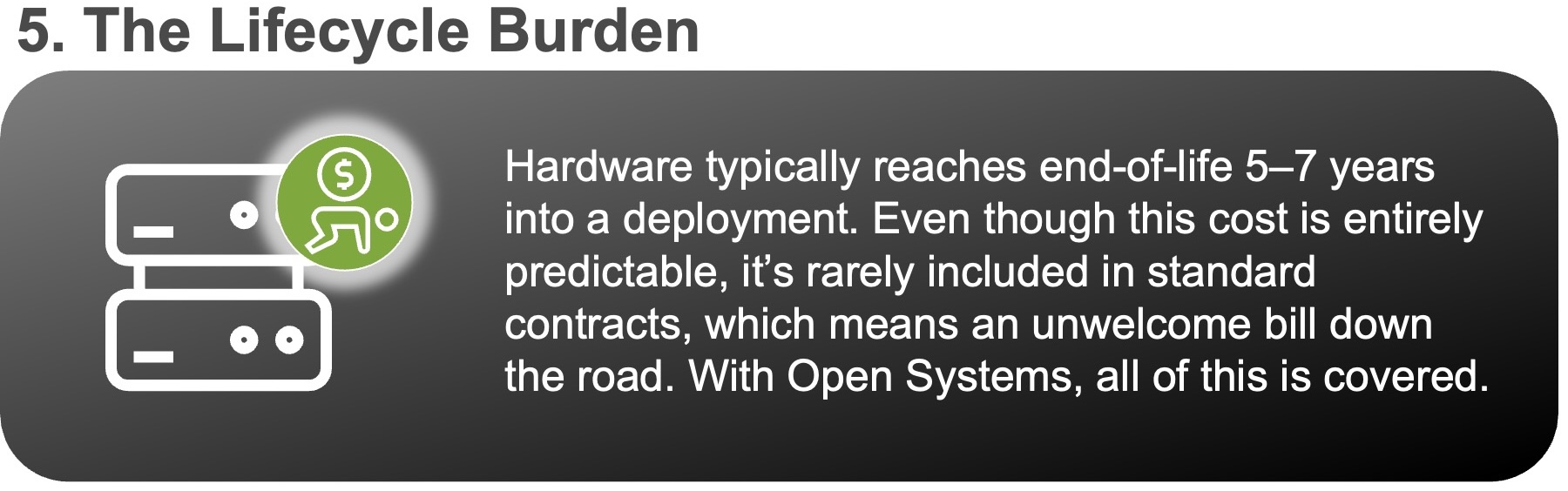 A graphic titled "5. The Lifecycle Burden" with an icon of stacked servers and a dollar symbol. Text explains that hardware end-of-life costs are predictable but often not included in contracts—except with Open Systems, as noted in the February release notes.