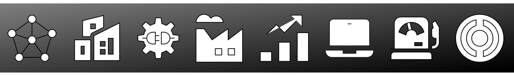 A row of white icons on a dark gradient background, featured in the February release notes, including a network, buildings, gear, factory, upward graph, bar chart, tablet, gas pump, and a circular design.