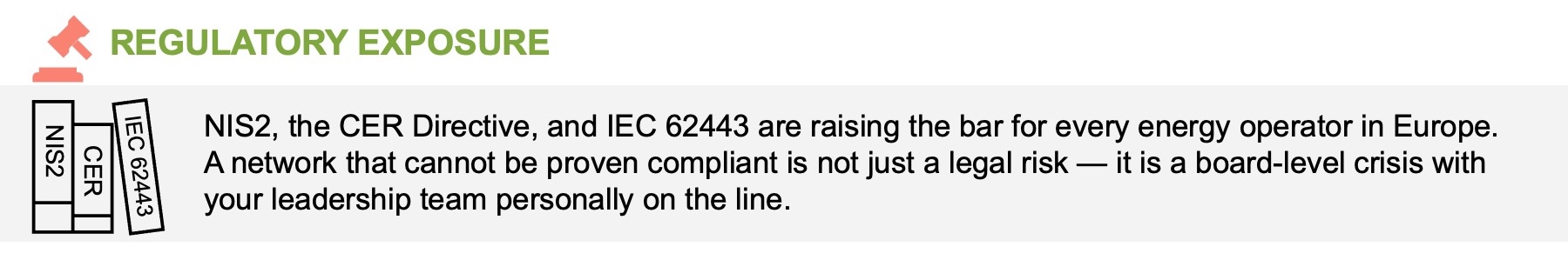 Graphic with the title "Regulatory Exposure." Icon of stacked papers labeled NIS2, CER, and IEC 62443. February release notes highlight how these regulations raise compliance standards for energy operators in Europe and boost board-level accountability.