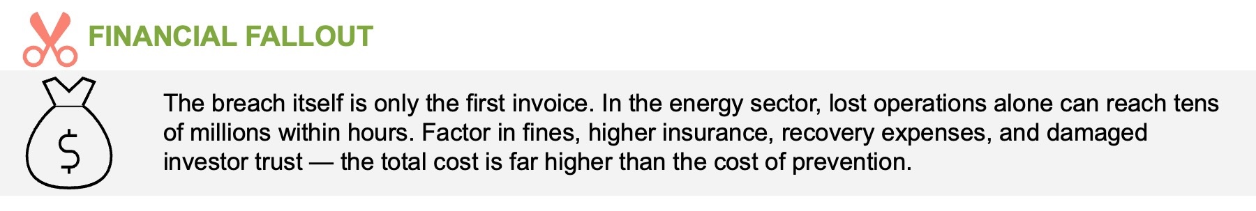 Infographic section titled "Financial Fallout" with a money bag icon. Text explains that energy sector breaches can cost millions in fines, insurance, recovery, and lost trust—February release notes compare these costs to much lower prevention expenses.